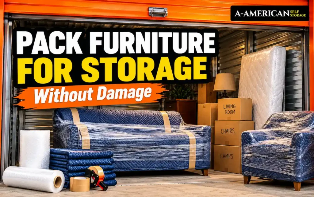 Packed furniture arranged inside a storage unit with wrapped sofa, chair, mattress, moving blankets, and boxes